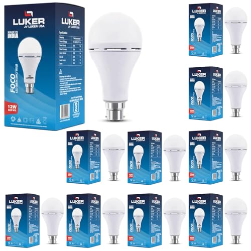 Image of LUKER JVLuker 12W Emergency LED Bulb B22 Base Energy Efficient Inverter Light 3.5 Hours Backup 120 Degree Wide Beam Coverage High CRI Lights for Home and Office 1 Year Warranty (Pack of 10, White)