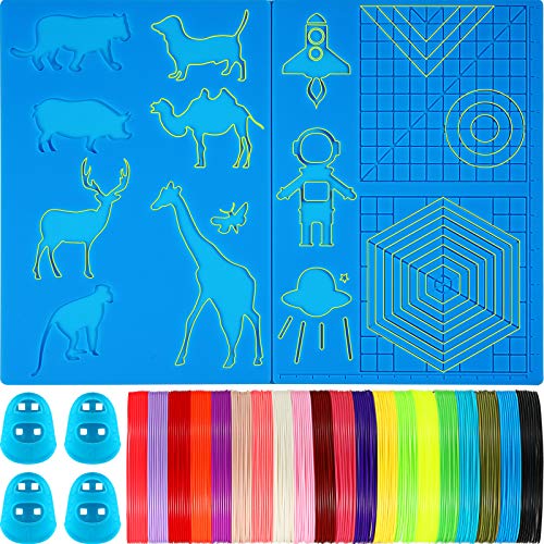 3D Printing Pen Silicone Design Mat and 20 Colors Printer Filament with 4 Finger Protectors, Large 3D Pen Mat and 1.75 mm PLA Filament, 10 Feet for Each Color, for 3D Printer Pen