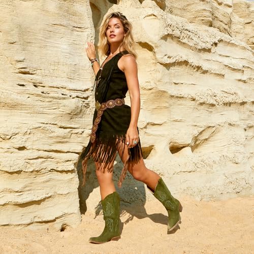 Image of IUV Cowboy Boots For Women Western Cowgirl Boots Mid Calf Snip Toe | Chunky Heel Ideal for low insteps