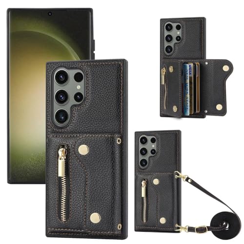 Étui en cuir Samsung A14 5G : finie la perte de vos cartes grâce à cette coque bandoulière noire