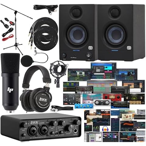 LyxJam 2x2 USB Audio Interface with ASIO Driver and NEW Creative Software Bundle with LP Professional Microphone Kit, Shock Mount & Cables, Recording Headphones, Eris E3.5 Studio Monitors Cover