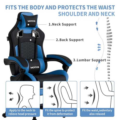 WOTSTA Gaming Chair with Footrest, Gaming Chairs PVC Leather Ergonomic Office Gamer Chair Headrest Lumbar Support Racing Style Video Gaming Chair for Office の商品画像 6