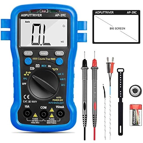 Digital Multimeter AP-39C Auto Ranging 6000 Counts TRMS Multimeter for AC DC Voltage, Current, Resistance, Capacitance Tester with Temp Battery LED Test Auto Backlit Cover