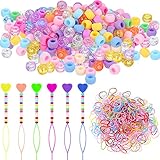 Lyrow 1306 Pieces Pony Beads Set Including 800 Pieces Colorful Pony Beads 500 Pieces Mini Rubber Bands Soft Hair Elastic Bands and 6 Pieces Multi-Color Quick Beader for Kid Hair Braids DIY Crafts