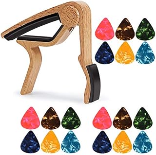 MOREYES Guitar Capo with 18 pcs Guitar Picks 0.46mm 0.71mm 0.96mm for Bass Acoustic Guitar Electric Guitar (maple)