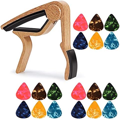 MOREYES Guitar Capo with 18 pcs Guitar Picks 0.46mm 0.71mm 0.96mm for Bass Acoustic Guitar Electric Guitar (maple) Cover