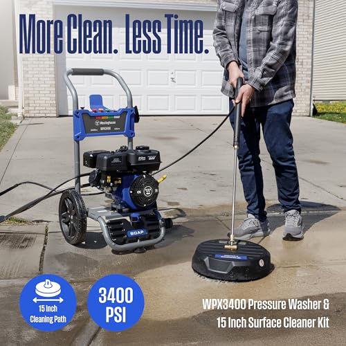 Image of Westinghouse WPX3400SC Gas Pressure Washer with 15-inch Surface Cleaner, 3400 PSI and 2.6 Max GPM, Onboard Soap Tank, Spray Gun and Wand, 5 Nozzle Set, for Cars /Fences /Driveways /Homes /Patios /Furniture