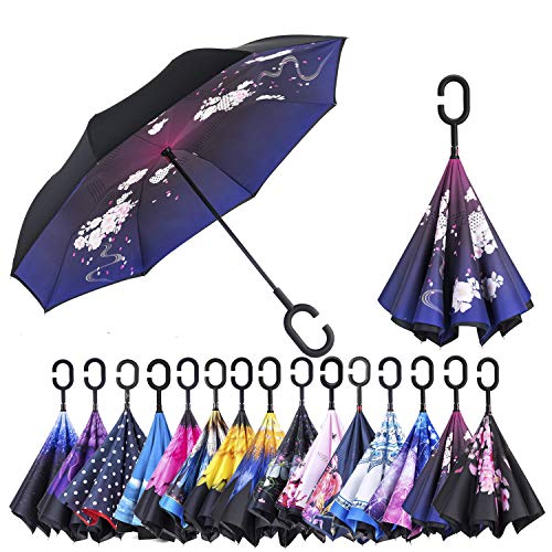 Preisvergleich Produktbild AmaGo Winddichter Umgekehrter Regenschirm UV-Schutz Zweilagiger Umklappbarer Langer Selbststehender Regenschirm mit C-Förmigem Griff für Auto Regen Outdoor Reisen