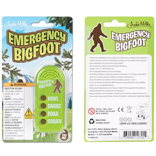 Image of Archie McPhee: Emergency Bigfoot - Electronic Sound Maker, 3.5 inch Handheld Device, 4 Sasquatch Noises: Howl-Snort-Roar-Groan, Camping Pranks Novelty Toy