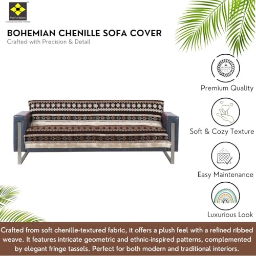 Image of Elegant Woven Brown Sofa Cover - Soft Chenille Traditional Pattern with Lace Style | L-Shape Sectional Seat Protector for Living Room | Durable & Stylish Slipcover 3 Seater Sofa
