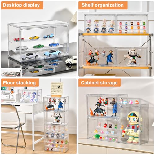 Image of Freebat Clear Acrylic Display Case for Collectibles - 3-Tier Adjustable Figure Display with Magnetic Door & Removable Shelves,Stackable Dispaly box for Figures - 2 Pack