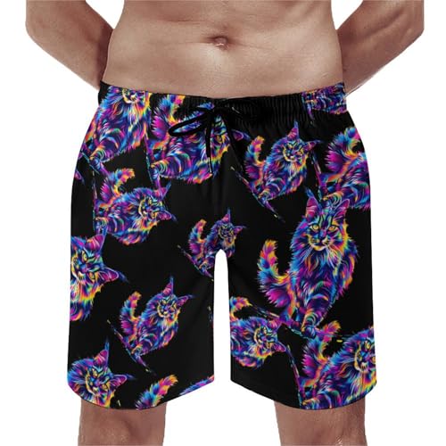 Neon-Colored Maine Coon Cat Portrait Men's Swim Trunks Quick Dry Beach Shorts Board Shorts Bathing Suits with Pockets