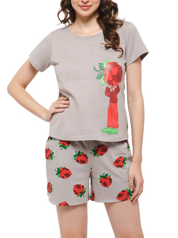 Image of Clovia Women's Cotton Tutti Fruity Top & Shorts Set in Grey