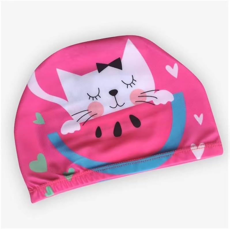 8.3インチ 子供用 漫画シリコン スイミングキャップ (スイカの子猫、21cm)