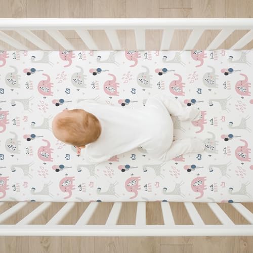 BROLEX Baby Fitted Crib Sheets: Kid Crib Sheets - Set of 2 for Toddler Standard Size Crib Mattress for Boys and Girls - Jersey Knit Crib Bed Sheets Elephant Rabbit