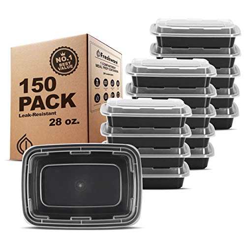 Freshware Meal Prep Containers [150 Pack] 1 Compartment Food Storage Containers with Lids, Bento Box, BPA Free, Stackable, Microwave/Dishwasher/Freezer Safe (28 oz)