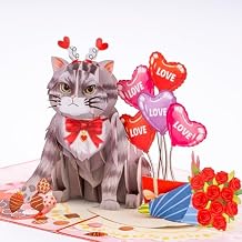 POPWOW Funny Cat - Love Pop Up Card, Happy Valentines Day, Hearts, Roses, Love Anniversary 3D Popup Greeting Cards, Gifts for Wife, Husband, Lovers, Kids, 5x7 - Includes Envelope And Message Note