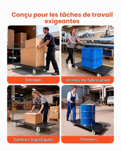 VEVOR Chariot à Plateforme Robuste Capacité de Charge 907 kg Chariot à Plateau 152,5x70 cm pour Manutention, Transport, Usines, Entrepôts, Ateliers, en Acier Allié, avec Roues Pivotantes et Poignée – vue 6