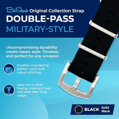 BluShark - Original Collection Military-Style Waterproof Watch Strap, Fits All Timepiece Brands, Durable Nylon Wristwatch Accessories, Black, 20mm, Brushed Buckle - 1