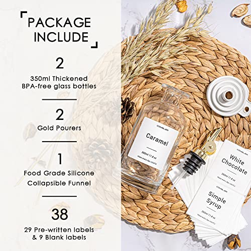 Combler Olive Oil Dispenser Bottle For Kitchen, 11.8Oz Coffee Syrup Dispenser For Coffee Bar Accessories, Cooking Oil Dispenser Set Of 2, Glass Bottles W. Automatic Gold Spout & 38Pcs Labels Gifts #TOP4