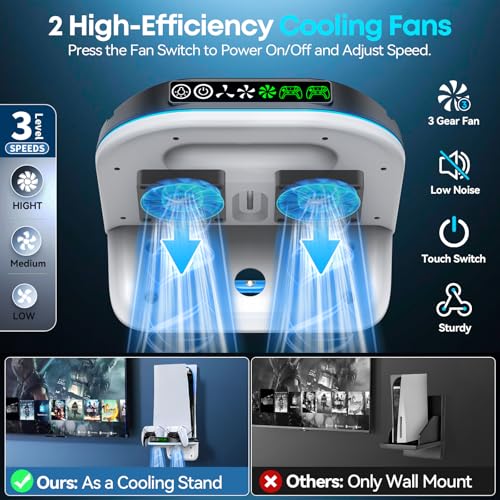 P S5 Wall Mount Kit with Cooling Fan and Charging Station Compatible with PS5/ Slim/ Pro Disc and Digital, PS Five Floating Shelf with 9 RGB Lights, PS 5 Mount Behind TV, P5 Accessories for Gaming, Black and White by Rysker - Used condition - US$26.46