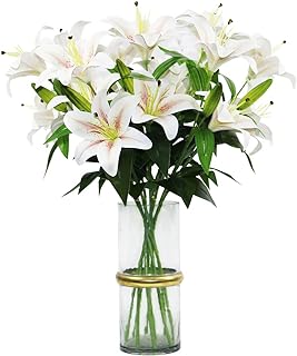 Olrla 60CM Long Artificial Lily 4PCS, toal 8 Blooming Flower Heads 4 Buds, 3D Print Fake Tiger Lily Flowers for Wedding Home Hotel Office Decoration (NO VASE)