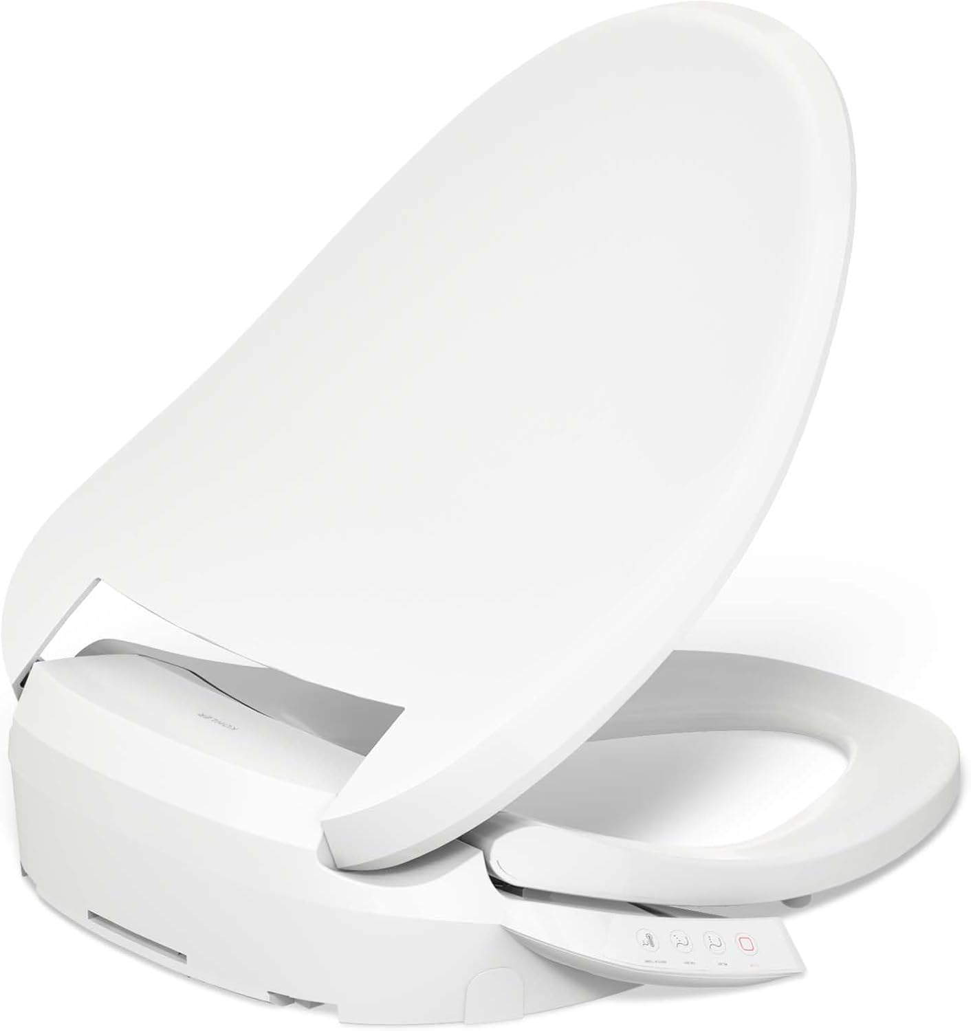 The bidet seat with the lid open, showing the self-cleaning wand retracted.