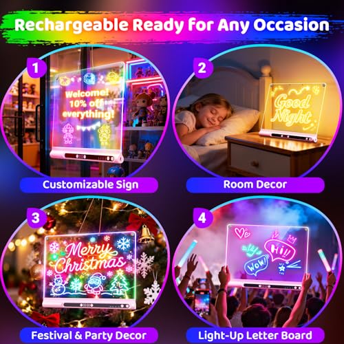 Image of Geokay 16 inch Rechargeable LED Drawing Board, 9-Color Light Modes with Timer & Built-in Stand, Neon Glow Up Dry Erase Doodle Note Pad, Sketching Gift Toy for Kids /Girls /Teens, 6 Markers & Tracing Book