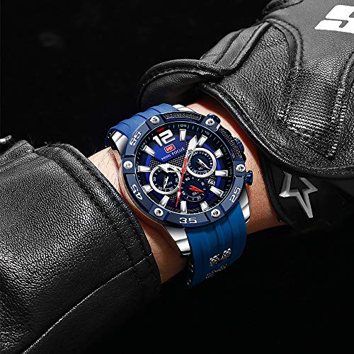 Kxaito Mens Watches Military Sport Waterproof Chronograph Watch Luminous Silicon Strap Casual Watches For Men Fashion Analog Quartz Business Wrist Watch Clock Steel Design (0349G 01) (Blue&Sliver) #TOP4