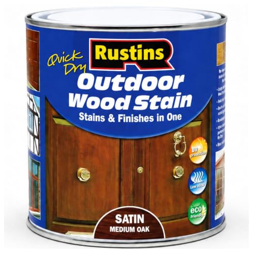 Image of Rustins Quick Dry Outdoor Wood Stain Satin Medium Oak 250ml- Durable and Weather-Resistant Finish, Fast Drying, Vibrant Color for Decks, Fences, & Furniture, Available in Many Wood Shades