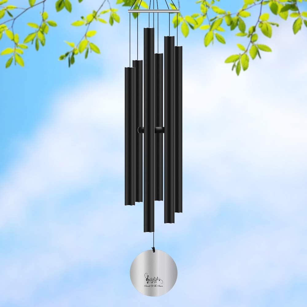 Deep Tone wind chimes, ecoeco 32'' Metal Wind Chimes for Outside with 6 Aluminum Tubes & Hook, Memorial Gifts for Loss of Loved One, Sympathy Windchimes for Patio Garden and Home Decor(Black)