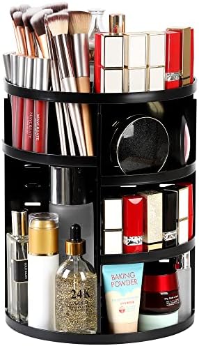 Syntus 360 Rotating Makeup Organizer, DIY Adjustable Bathroom Makeup Carousel Spinning Holder Rack, Large Capacity Cosmetics Storage Box Vanity Shelf Countertop, Fits Makeup Brushes, Lipsticks, Black