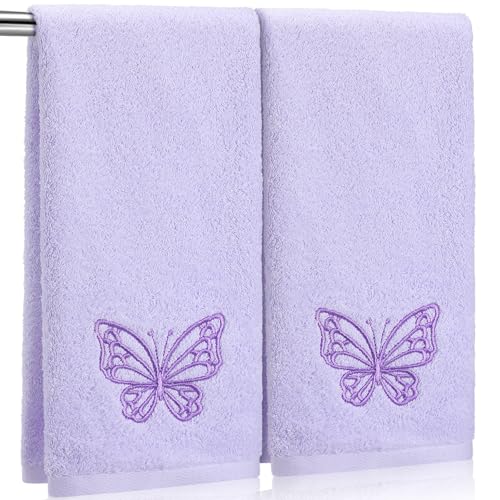 SmoothNovelty 2 Pcs Butterfly Hand Towels Light Purple Bathroom Decor 14x29 Inch Embroidered 100% Cotton Soft Absorbent Spring Summer Washcloths Decorative Hand Towels for Bathroom Kitchen
