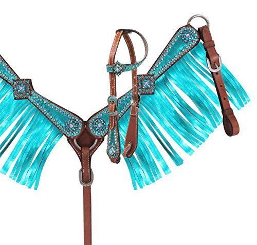 Showman Mini Size Headstall & Breast Collar Set w/Metallic Teal Overlay & Fringe
