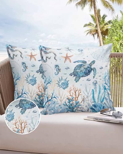 Boanket Outdoor Pillow Covers 24 x 24 in, Blue Coastal Waterproof Throw Pillow Cover Set of 2, Summer Beach Nautical Coral Sea Turtle Home Decorative Square Cushion Covers for Patio/Tent/Couch/Garden