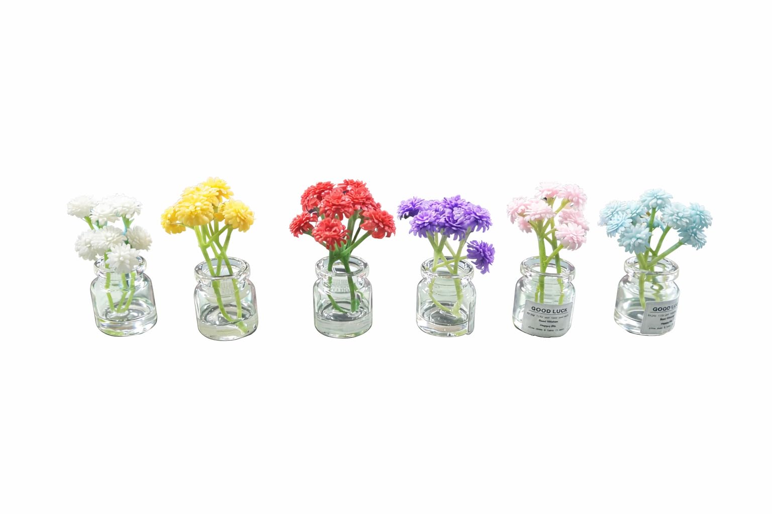 Cute Mini Artificial Flower Vase Set (6 Pieces) | Decorative Faux Flowers in Glass Bottles for Home, Office, Car & Gifting (6)-image-17