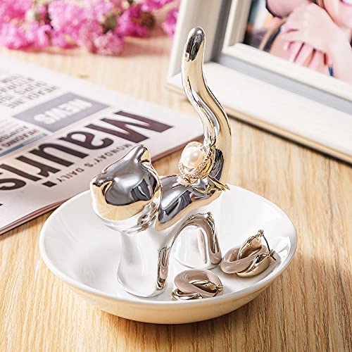 Image of PUDDING CABIN Cat Ring Holder Gift for Women, Cat Mom Mothers Day Gifts, Birthday Gifts for Women Girls Friends, Cute Kitty Ceramic Jewelry Rings Earrings Necklace Holder Home Decor