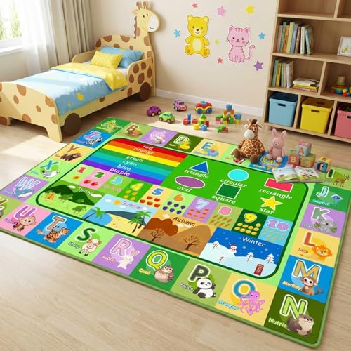 OGPJKEQR 3x5ft Kids Educational Rug Non-Slip Machine Washable ABC Alphabet Mat & Learning Carpet for Playroom Bedroom Nursery Floor Play Mat with Numbers Animals & Seasons Preschool Classroom Rugs