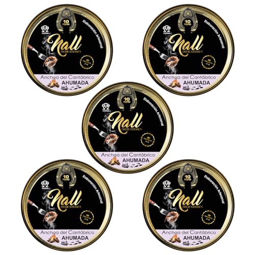 NALL DELICATESSEN Anchoas del Cantábrico XL 00 con aroma AHUMADAS | Elaboración Artesanal con Aceite de Oliva Virgen Extra | 10 Filetes/lata (5 Latas)