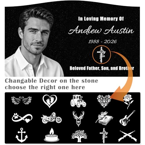 Image of Personalized Granite Memorial Stone, Custom‑Engraved Grave Marker w / Photo