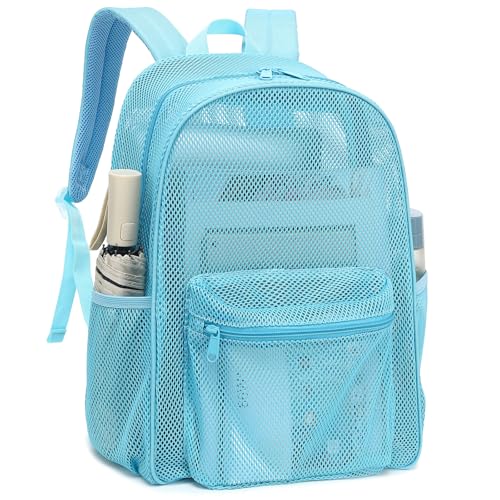 Mochila de malha resistente, transparente para escola, trabalho, viagem, praia, Azul, Large