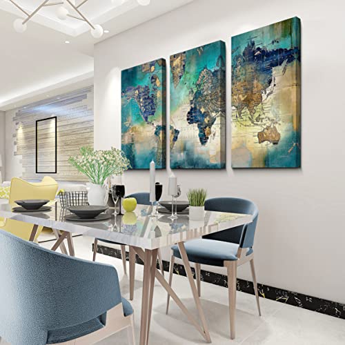 Image of Pogusmavi Canvas Wall Art for Living Room - World Map Wall Decor - Large Wall Art for Bedroom - Office Artwork - Map Wall Art 16 inchx32 inch 3 Piece Canvas Wall Art