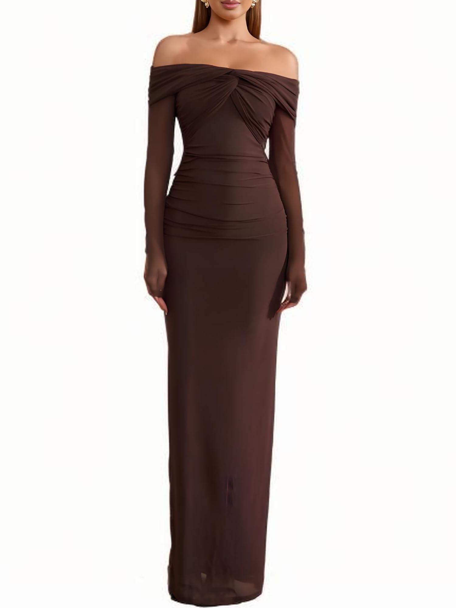 Off Shoulder Long Sleeve Bodycon Maxi Dress Mesh Twist Ruched Wedding Guest Formal Party Fall Dresses for Women