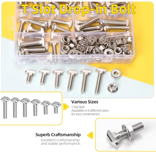 Image of 60Pcs European Standard 40 Series M8 T Slot Drop-in Bolt, M8 x 16 /20 /25 /30 /35 /40mm Hammer Head T-Slot Drop-in Stud Sliding Bolt Screw with Flange Nut for Aluminum Extrusion