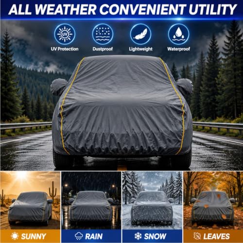 Image of Waterproof Car Body Cover for Dzire 2017-24 All Weather Protection Comes with Inner Cotton Lining & Triple Stitched with Mirror & Antenna Pocket Belt & Elastic Fit Grey with Yellow Piping2
