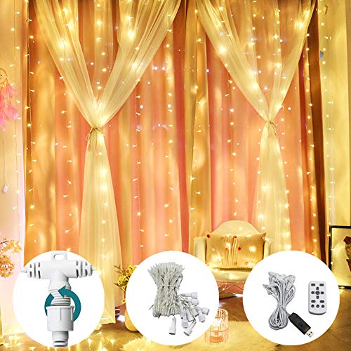 Luces de cortina Nabowei, trabajo programado Luz de cadena de cortina de ventana de 300 LED Luces de boda usb Carga 9.84ft * 9.84ft Blanco cálido (warm white, without glue wire)