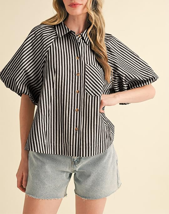 Women's Striped Button Down Shirt Puff Sleeve Collared V Neck Loose Casual Dressy Blouse Top4