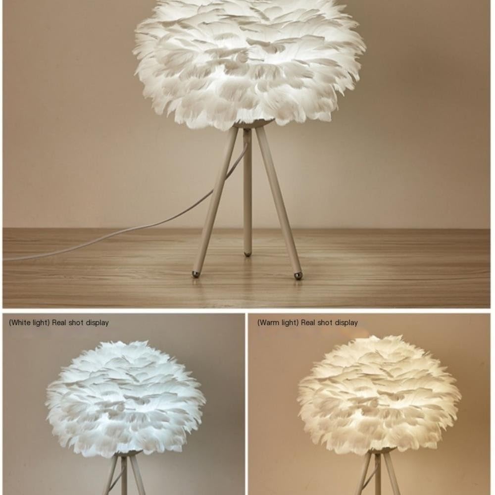 Lampada da tavolo con piume, luce decorativa nordica | Paralume in piuma, dimmerabile, base treppiede in metallo, stile nordico, luce ambientale(White)