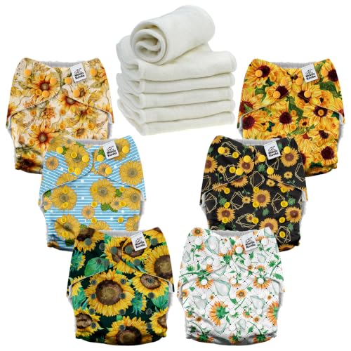 Image of Mama Koala 6 Pack Reusable Cloth Diapers for Babies Girls Newborn, One-Size Adjustable Baby Diaper, Durable Stitching, Back Opening for Inserts, Breathable Awj Lining, Leak Prevention-Sunflowers