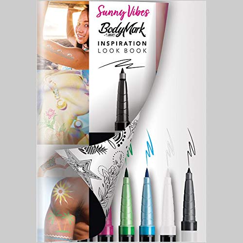 BodyMark by BIC, Temporary Tattoo Marker and Stencil Kit, Sunny Vibes Inspiration, Skin Safe, Mixed Brush Tip & Fine Tip, Assorted Colors, 6-Pack + 1 Bonus Marker